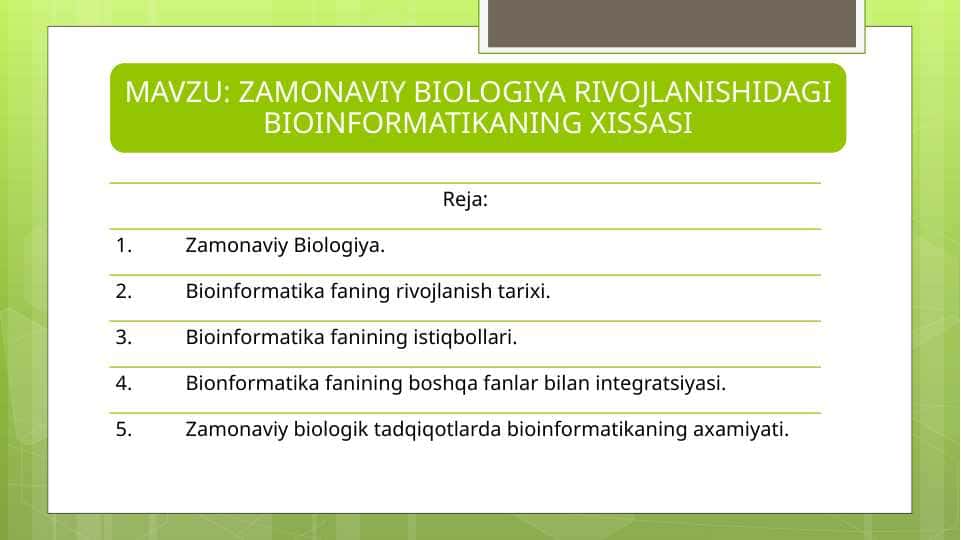 ZAMONAVIY BIOLOGIYA RIVOJLANISHIDAGI BIOINFORMATIKANING XISSASI