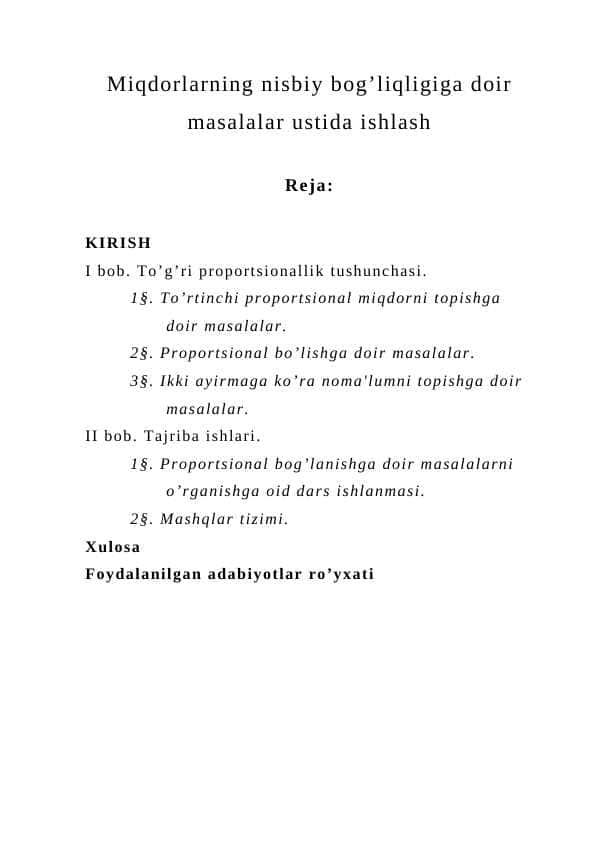 Miqdorlarning nisbiy bog’liqligiga doir masalalar ustida ishlash