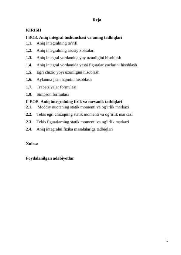 Aniq integralning fizik va mexanik tadbiqlari