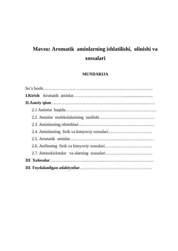 Aromatik aminlarning ishlatilishi, olinishi va xossalari kurs ishi
