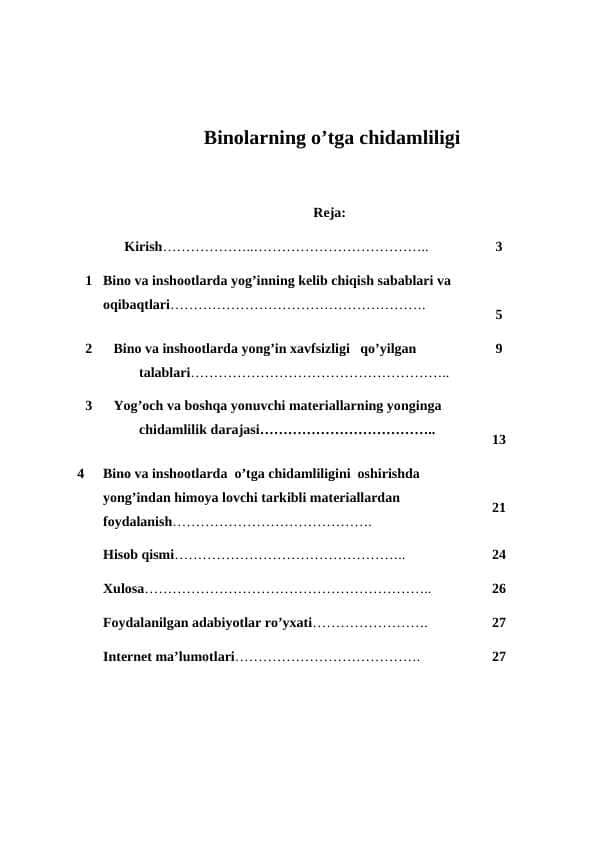 Binolarning o’tga chidamliligi