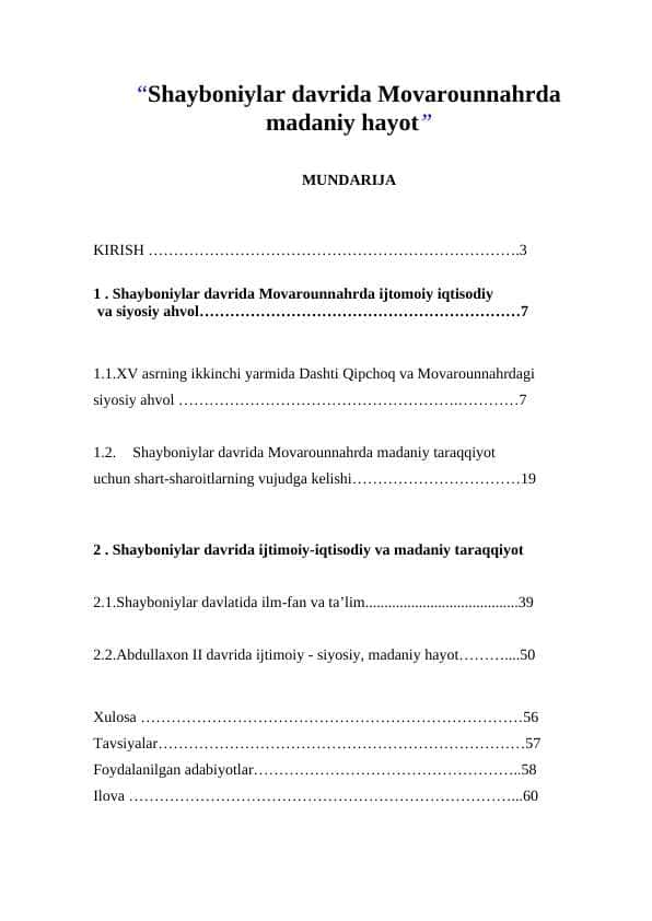 Shayboniylar davrida Movarounnahrda madaniy hayot BMI