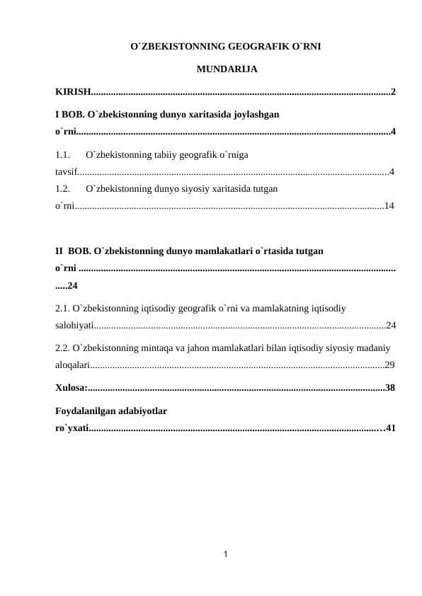 O`ZBEKISTONNING GEOGRAFIK O`RNI