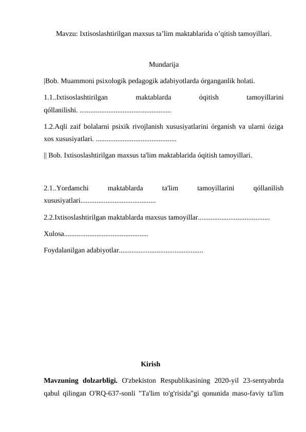 Ixtisoslashtirilgan maxsus ta’lim maktablarida o’qitish tamoyillari