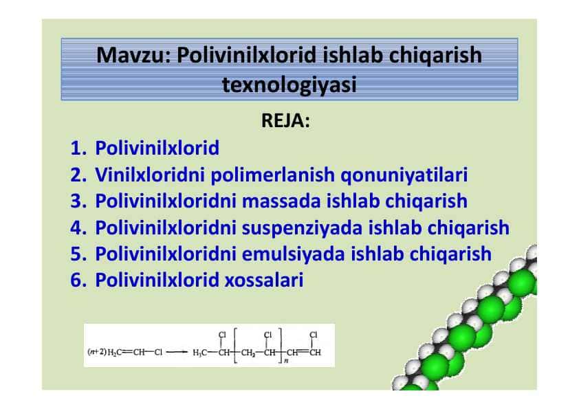 Polivinilxlorid ishlab chiqarish texnologiyasi