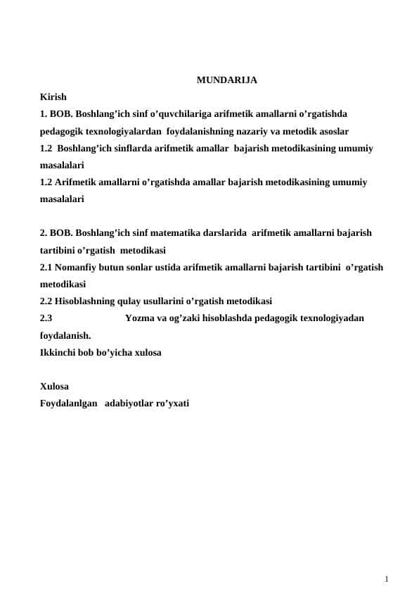 Boshlang’ich sinf matematika darslarida arifmetik amallarni bajarish tartibini o’rgatish metodikasi