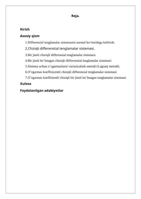 Chiziqli va chiziqli bo’lmagan oddiy diferensial tenglamalar