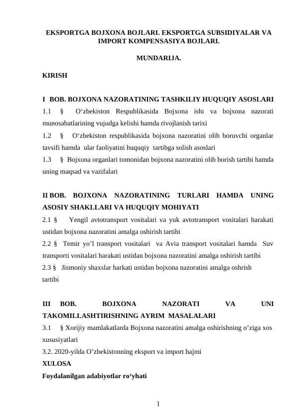 EKSPORTGA BOJXONA BOJLARI. EKSPORTGA SUBSIDIYALAR VA IMPORT KOMPENSASIYA BOJLARI