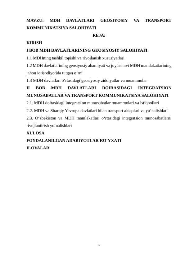 MDH davlatlari geosiyosiy va transport kommunikatsiya salohiyati