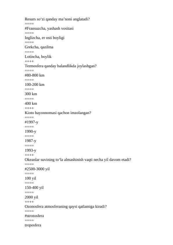 Ekologiya yakuniy testlar bazasi 200 talik