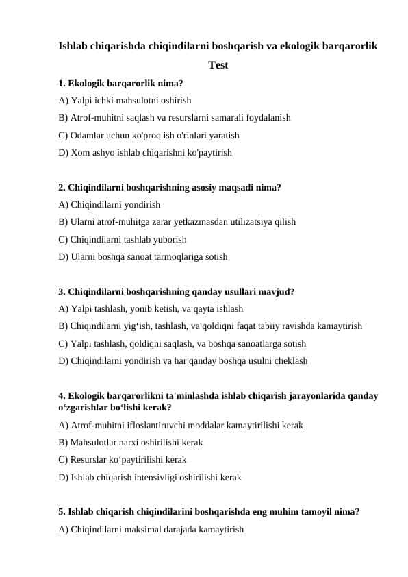 Ishlab chiqarishda chiqindilarni boshqarish va ekologik barqarorlik
