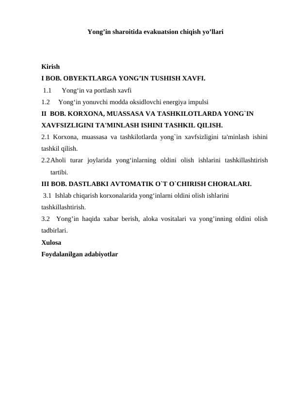 Yong’in sharoitida evakuatsion chiqish yo’llari