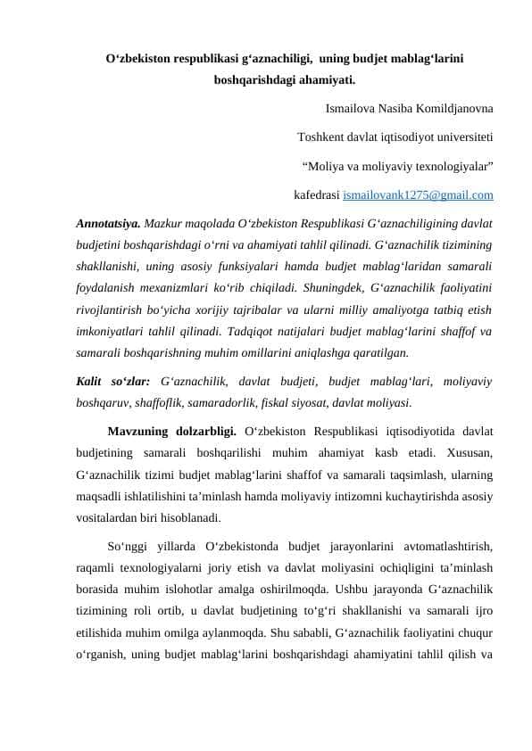 TEZISH Oʻzbekiston respublikasi gʻaznachiligi, uning budjet mablagʻlarini boshqarishdagi ahamiyati