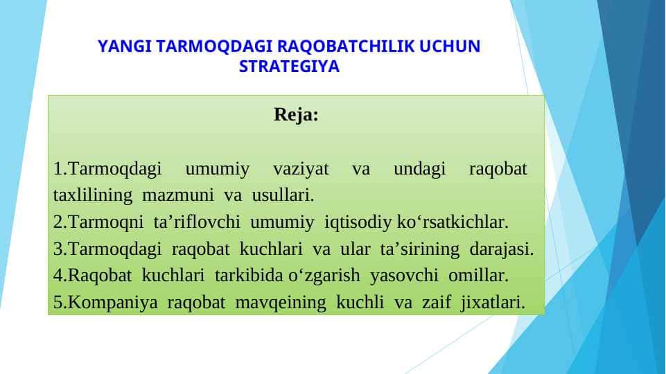YANGI TARMOQDAGI RAQOBATCHILIK UCHUN STRATEGIYA