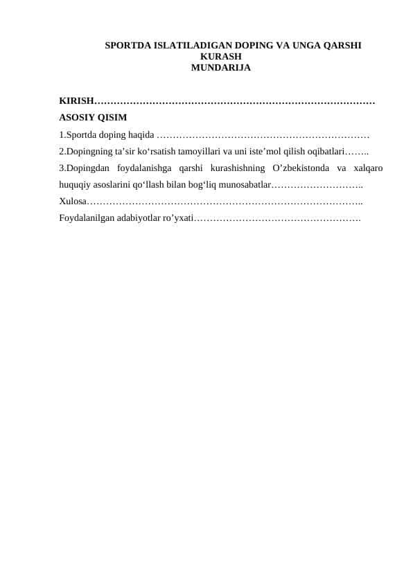 SPORTDA ISLATILADIGAN DOPING VA UNGA QARSHI KURASH