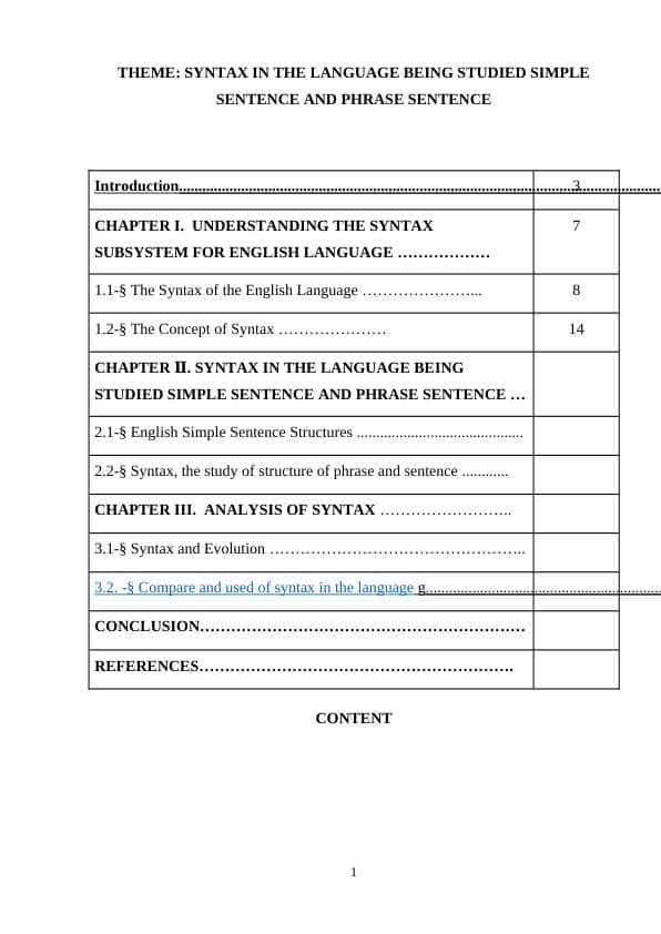 SYNTAX IN THE LANGUAGE BEING STUDIED SIMPLE SENTENCE AND PHRASE SENTENCE
