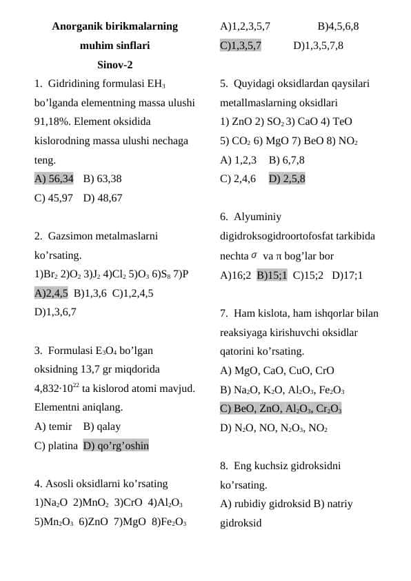 Anorganik birikmalarning muhim sinflari Sinov-2