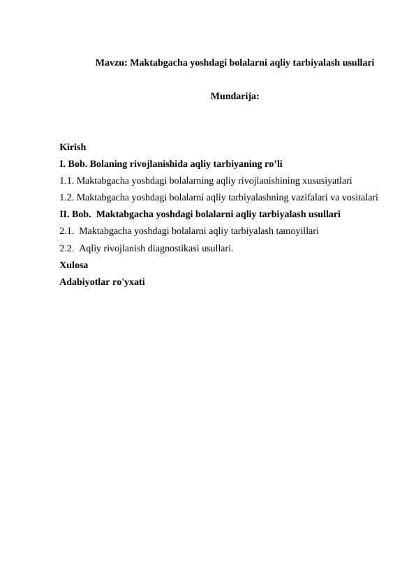 Maktabgacha yoshdagi bolalarni aqliy tarbiyalash usullari