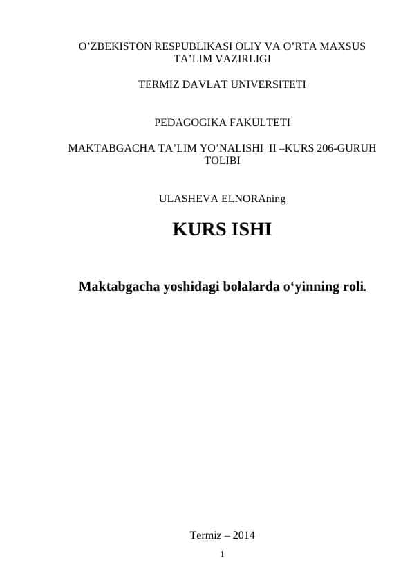 Maktabgacha yoshidagi bolalarda o‘yinning roli.