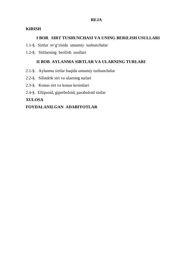 Ikkinchi tartibli sirtlar. Aylanma sirtlar. Silindirik sirt va uning turlari. Konus sirt. Konus kesimlari. geom kurs ishi