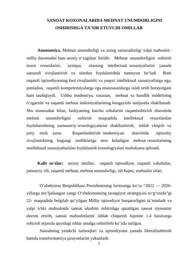 SANOAT KOXONALARIDA MEHNAT UNUMDORLIGINI OSHIRISHGA TA’SIR ETUVCHI OMILLAR