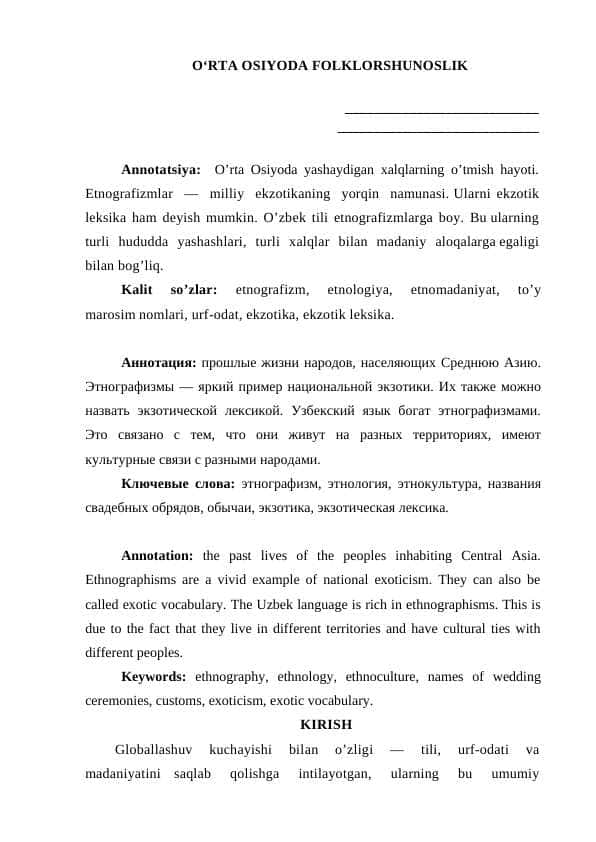 O'RTA OSIYODA FOLKLORSHUNOSLIK
