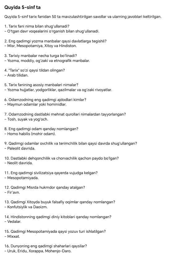5-sinf tarix fanidan mavzulashtirilgan savolliklar javoblari bilan