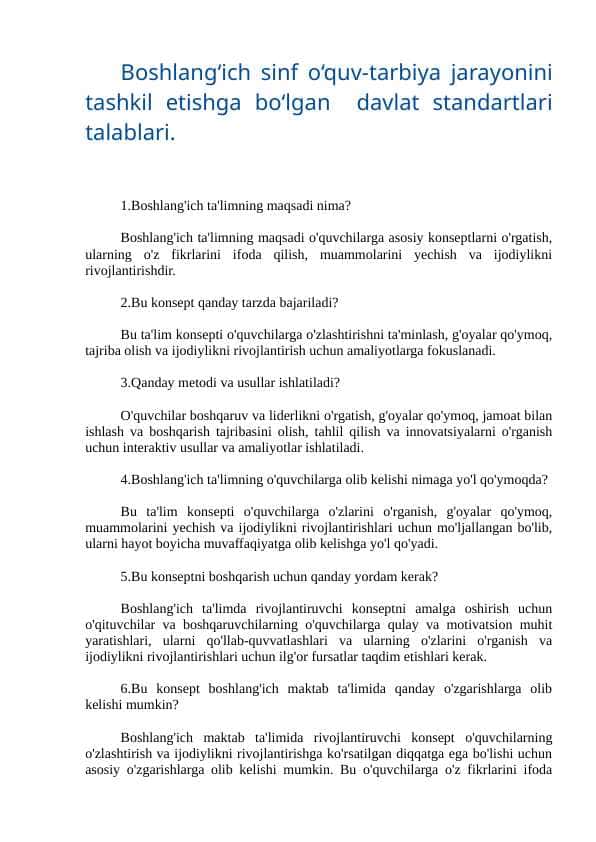 Tarbiya fanidan savollar to'plami