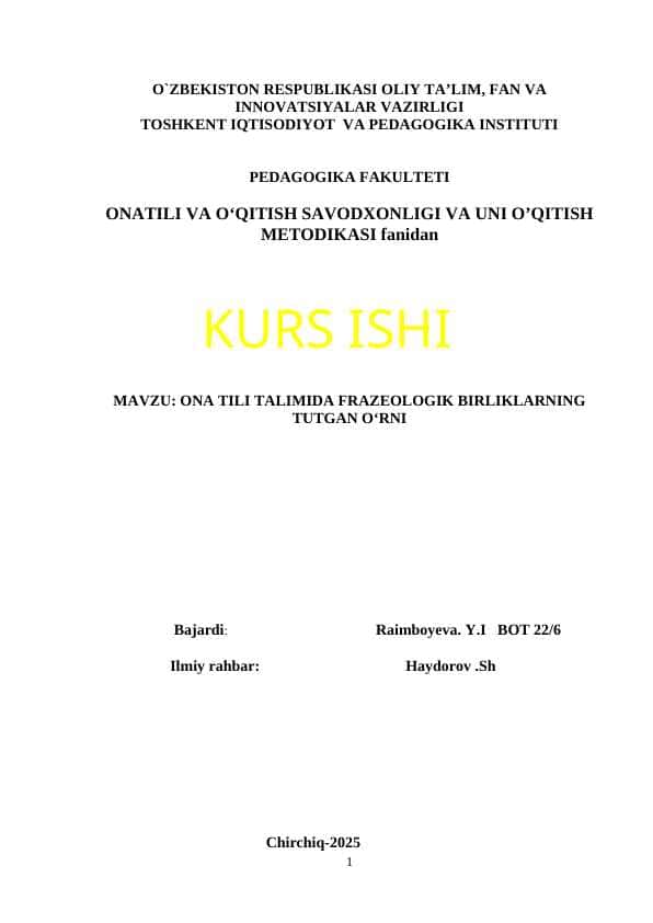 Ona tili ta'limida frazialogik birliklarining tutgan òrni