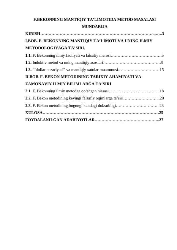 F.BEKONNING MANTIQIY TA’LIMOTIDA METOD MASALASI