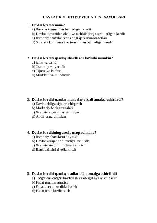 DAVLAT KREDITI BO‘YICHA TEST SAVOLLARI
