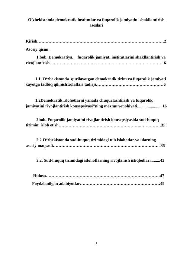 O'zbekistonda demokratik institutlar va fuqarolik jamiyatini shakllantirish asoslari