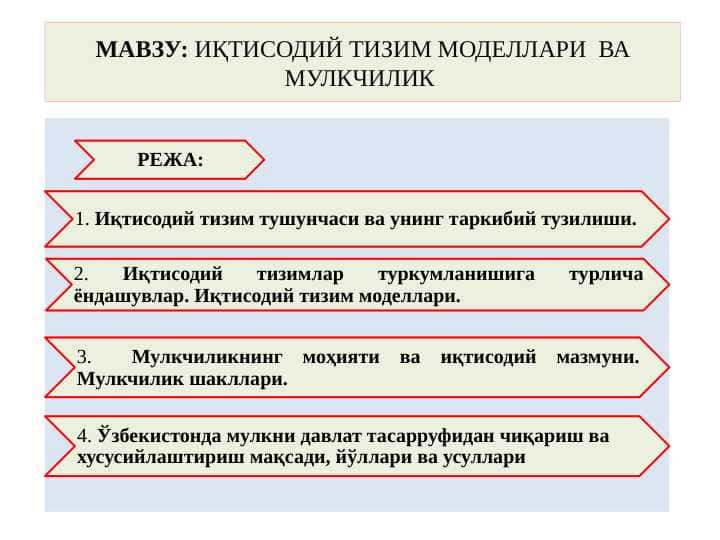 МАВЗУ: ИҚТИСОДИЙ ТИЗИМ МОДЕЛЛАРИ ВА МУЛКЧИЛИК