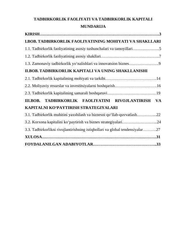 TADBIRKORLIK FAOLIYATI VA TADBIRKORLIK KAPITALI