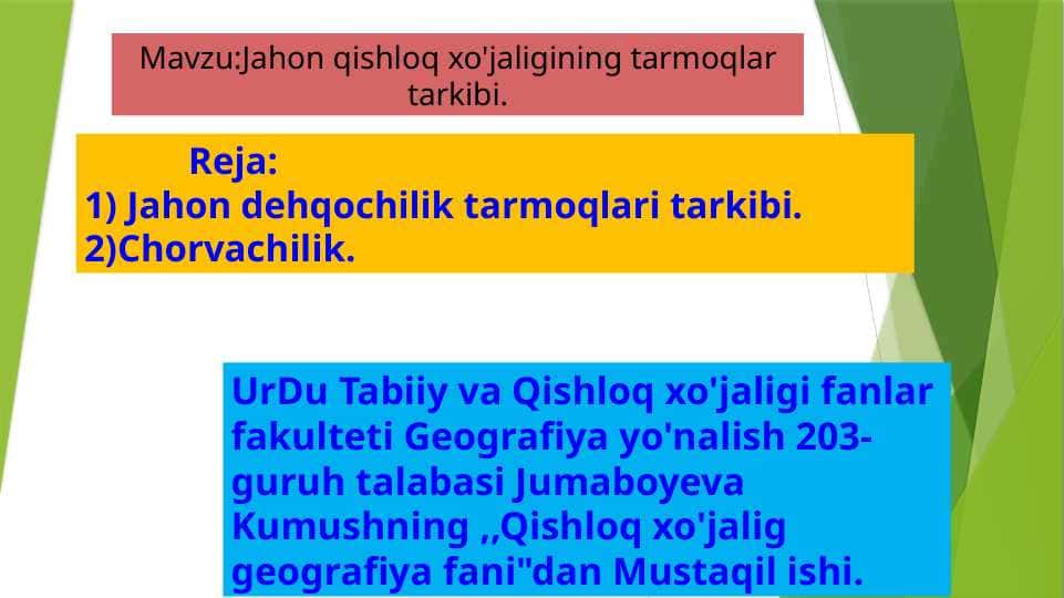 Jahon qishloq xo'jaligining tarmoqlar tarkibi