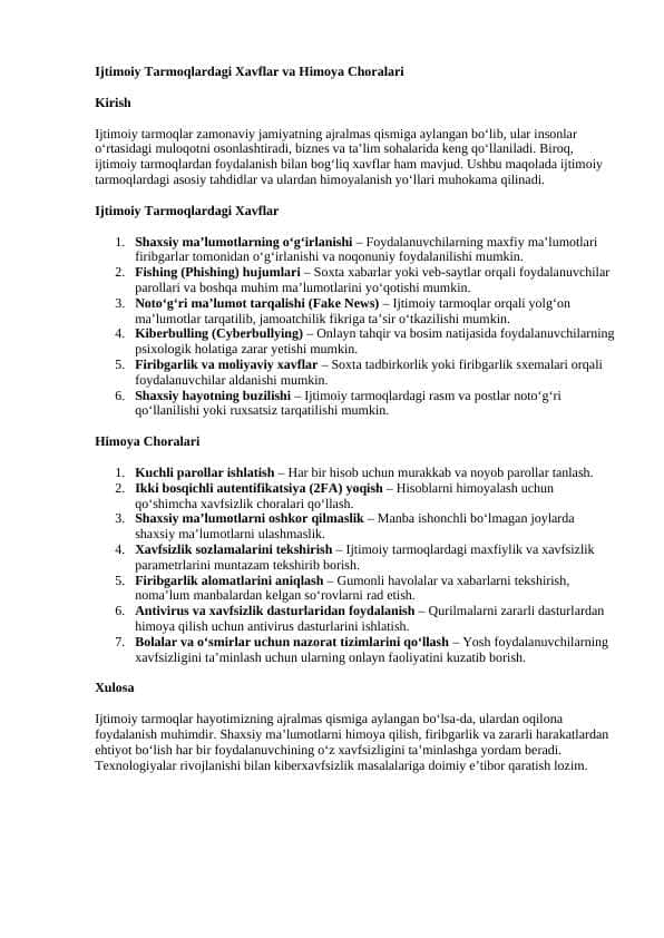 Ijtimoiy Tarmoqlardagi Xavflar va Himoya Choralari