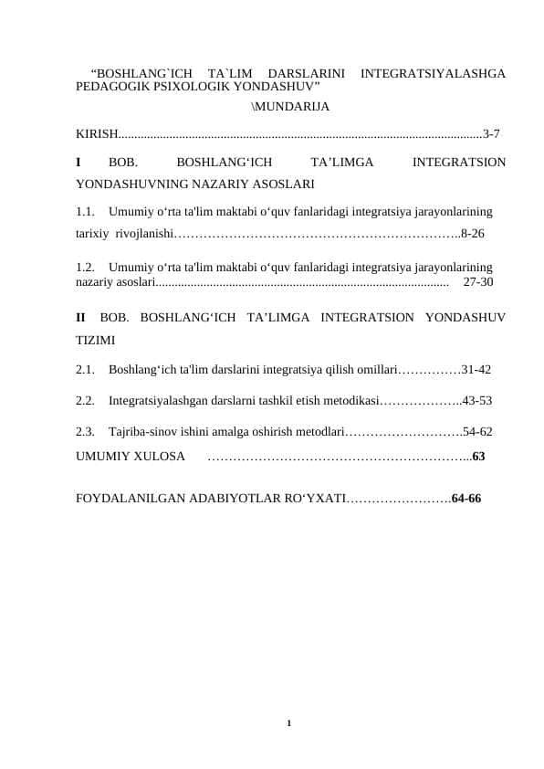 BOSHLANG`ICH TA`LIM DARSLARINI INTEGRATSIYALASHGA PEDAGOGIK PSIXOLOGIK YONDASHUV