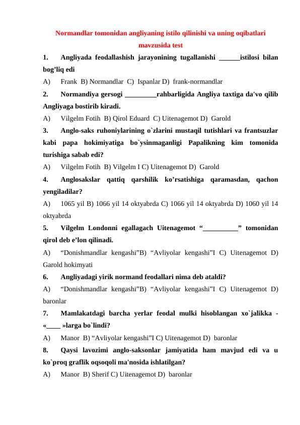 Normandlar tomonidan angliyaning istilo qilinishi va uning oqibatlari mavzusida test m.docx