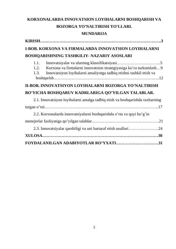 KORXONALARDA INNOVATSION LOYIHALARNI BOSHQARISH VA BOZORGA YO’NALTIRISH YO’LLARI.