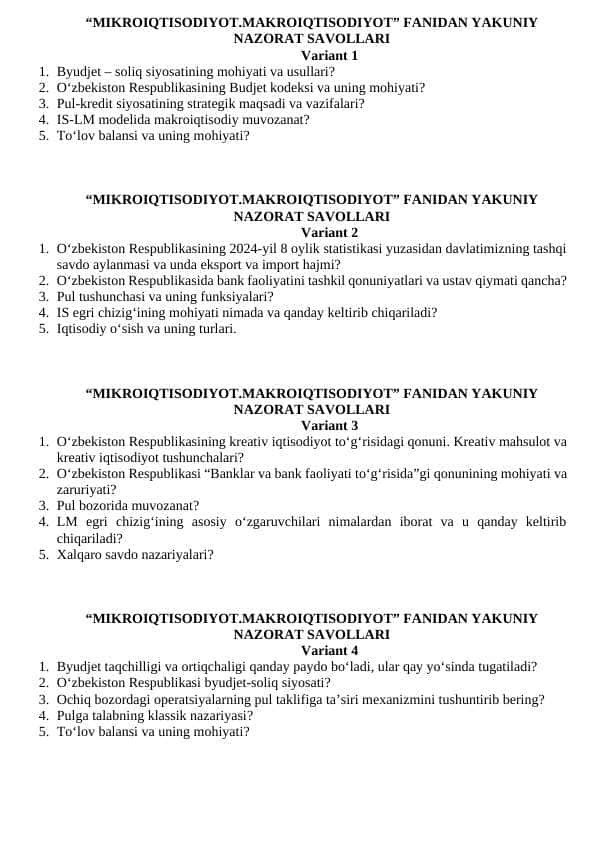MIKROIQTISODIYOT - MAKROIQTISODIYOT FANIDAN YAKUNIY NAZORAT SAVOLLARI