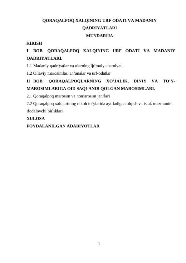 Qoraqalpoq xalqining urf odati va madaniy qadriyatlari