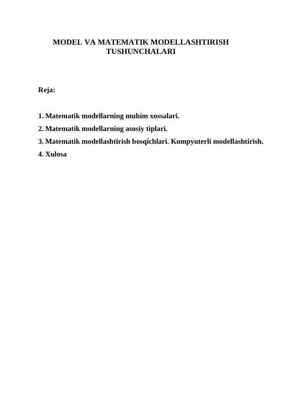 MODEL VA MATEMATIK MODELLASHTIRISH TUSHUNCHALARI