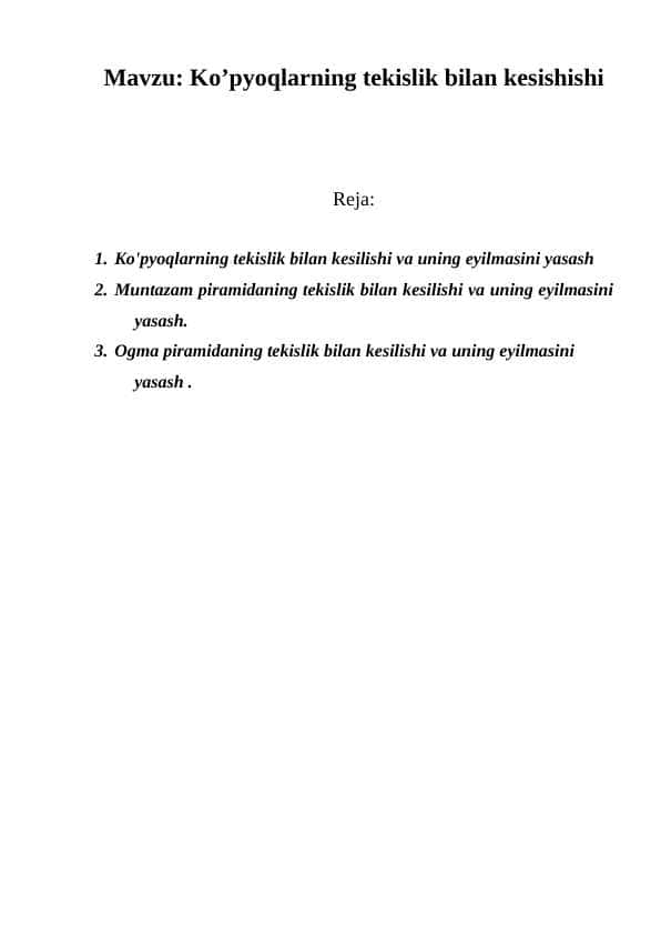 Ko’pyoqlarning tekislik bilan kesishishi
