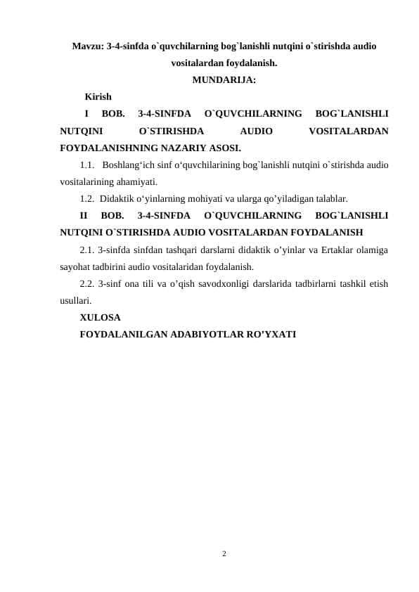 3-4-sinfda o`quvchilarning bog`lanishli nutqini o`stirishda audio vositalardan foydalanish