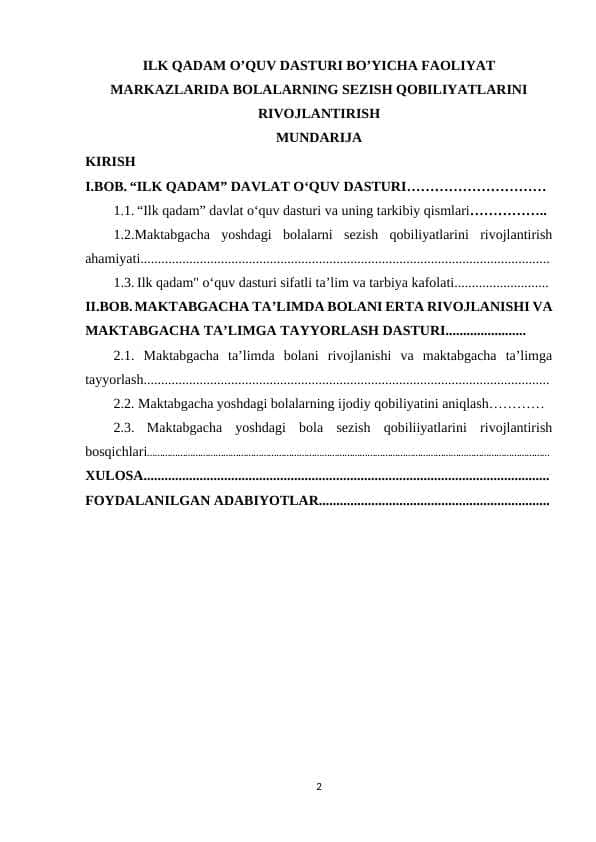 ILK QADAM O’QUV DASTURI BO’YICHA FAOLIYAT MARKAZLARIDA BOLALARNING SEZISH QOBILIYATLARINI RIVOJLANTIRISH