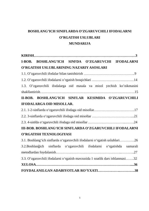 BOSHLANG’ICH SINIFLARDA O’ZGARUVCHILI IFODALARNI O’RGATISH USLUBLARI
