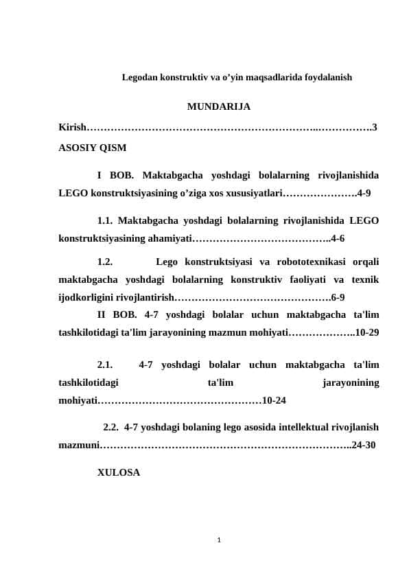 Legodan konstruktiv va o’yin maqsadlarida foydalanish
