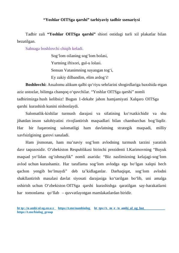 “Yoshlar oitsga qarshi” tarbiyaviy tadbir ssenariysi