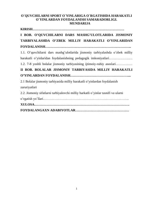 O`QUVCHILARNI SPORT O`YINLARIGA O`RGATISHDA HARAKATLI O`YINLARDAN FOYDALANISH SAMARADORLIGI