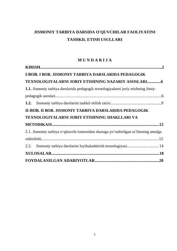 JISMONIY TARBIYA DARSIDA O'QUVCHILAR FAOLIYATINI TASHKIL ETISH USULLARI